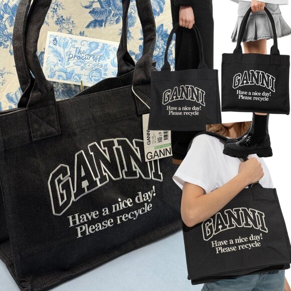 🆕 GANNI 🧿 NWT Large Easy Shopper Black Denim & White Embroidery